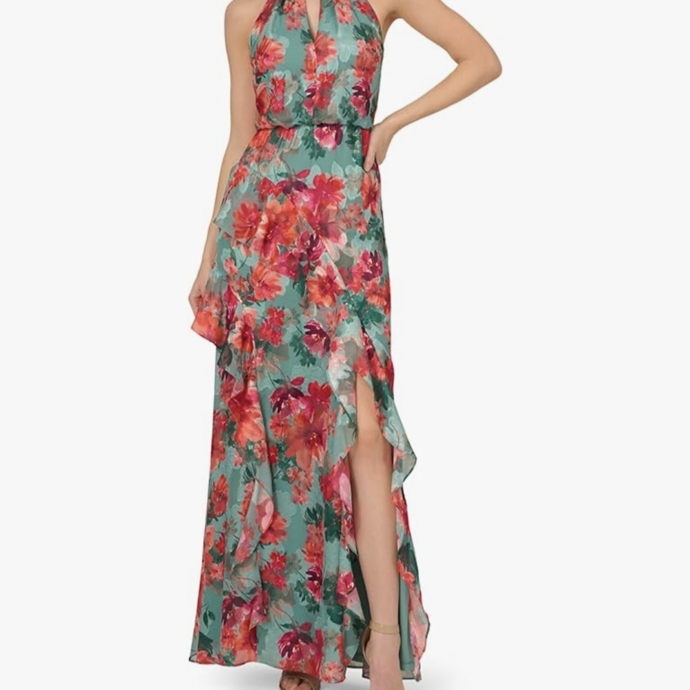 Adrianna Papell Teal & Coral Floral Halter Maxi Dress